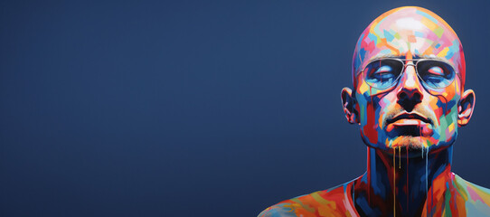 Generative AI image of Bald man, rainbow painting