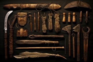 Hunting Tools: Depictions of ancient tools and weapons used for hunting.