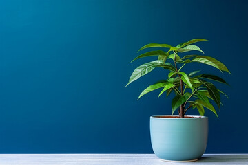 Fototapeta na wymiar Plant against a blue wall background with copy space generative AI