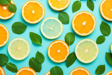 Fototapeta premium Creative layout made of citrus fruits on blue background. Flat lay, top view