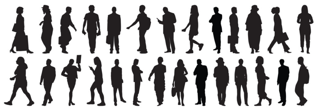 silhouettes of group of people walking and standing.