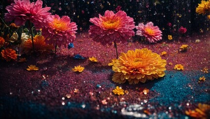 The rain showered colorful droplets on the beautiful flowers.