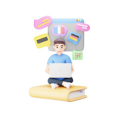 Man Learning Foreign Language Online: 3D Character Illustration