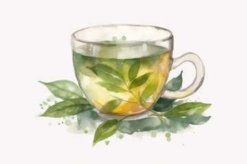 Watercolor illustration of a teacup filled with green tea and loose tea leaves in transparent background png. Generative AI