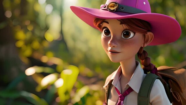 Cartoon digital avatar of Ranger Lily A and energetic ranger with a bright pink hat and a keen eye for spotting animals.