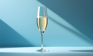 A champagne glass on a simple soft blue background, Valentine's Day, Christmas. Generative AI