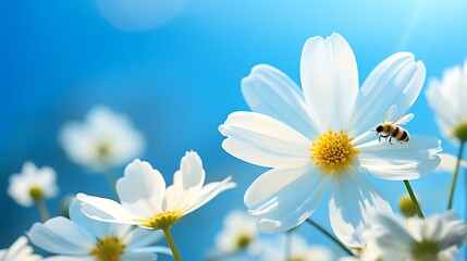White cosmos flower and bee on blue sky background with copy space.