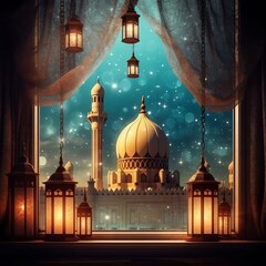 Fototapeta premium Eid mubarak and ramadan kareem greetings with islamic lantern and mosque. Eid al fitr background