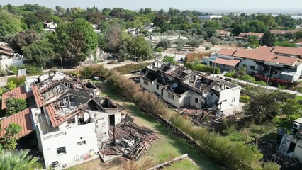 Destroyed houses in kibbutz Beeri after terror attack, Aerial
Drone view from South Israel, 4K, January,23,2024
