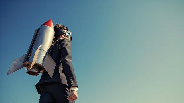 Businessman in suit with jet pack standing against blue sky