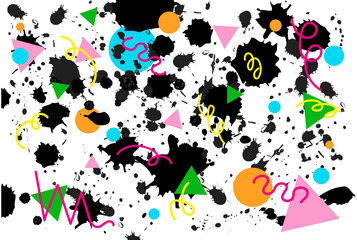 90s inspired abstract background with black paint splatters and neon colored shapes.