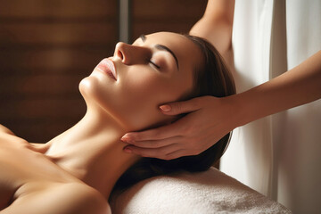 Close-up of the face of a relaxed young woman with closed eyes receiving a professional massage in a spa. A beautiful client with perfect skin is doing a massage. Healthy lifestyle concept - obrazy, fototapety, plakaty