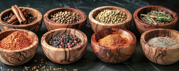 Fototapeta premium Assorted Spices in Bowls, A Flavorful Collection for Cooking