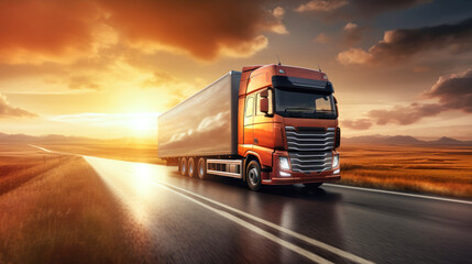 A large semi-trailer is driving along the highway. Transport, logistics or freight concept. Truck on the highway.