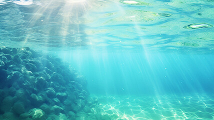Underwater view of the coral reef with sun rays and lens flare