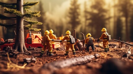 miniature model of firefighters against the fire. accident rescue extinguishing flames by fire fighters toy figures