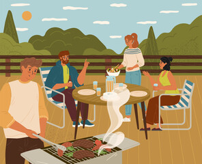 Happy friends enjoying bbq picnic party on terrace - obrazy, fototapety, plakaty