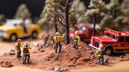 miniature model of firefighters against the fire. accident rescue extinguishing flames by fire fighters toy figures