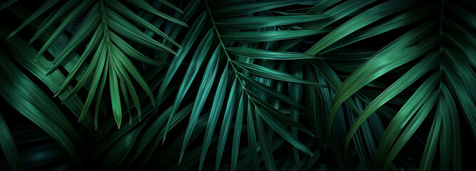 Obraz premium Abstract green tropical leaf texture, nature background. Palm tree leaves floral illustration banner. Graphic resource abstract, summer tropical leaves, ocean vacation panorama by Vita