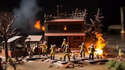 miniature model of firefighters against the fire. accident rescue extinguishing flames by fire fighters toy figures