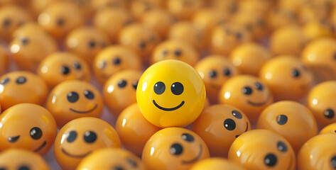 Funny yellow smiley face in crowd. 3d illustration.Smiley face on a crowd of smiley faces. 3D rendering - obrazy, fototapety, plakaty