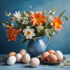 Obraz na płótnie Canvas Easter still life with eggs and spring flowers on a blue background