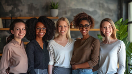 International Women's Day portrait of cheerful multiethnic mixed age range businesswomen celebrating, Embrace Equity, woman diversity.