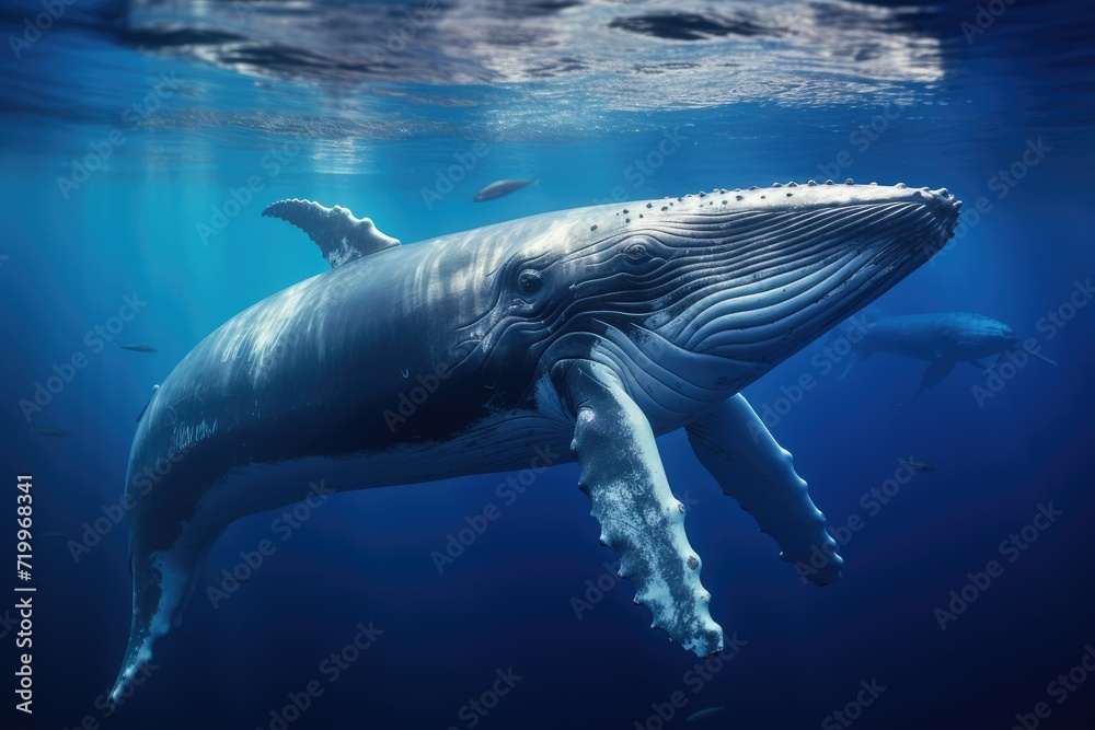 Wall mural Whale swimming in the Blue Ocean, Underwater scene. 3d render, Sperm whale swimming underwater, AI Generated