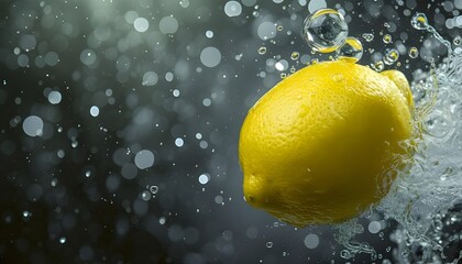 Lemon in the flight surrounded and followed by water bubbles