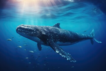 Whale swimming in the Blue Ocean, Underwater scene. 3d render, Sperm whale swimming underwater, AI...
