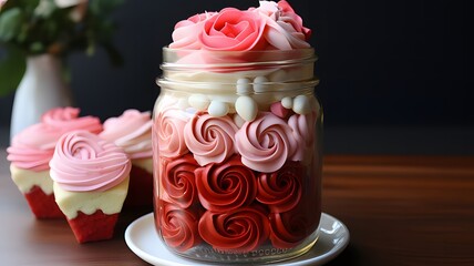 Heartwarming cake jar, square-shaped container, vibrant shades of red, cream cheese frosting swirls, a delightful and stylish dessert