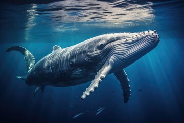 Humpback whale swimming in blue ocean, Underwater scene. 3d render, Sperm whale swimming underwater, AI Generated
