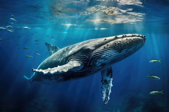 Humpback whale swimming in blue ocean, Underwater scene. 3d render, Sperm whale swimming underwater, AI Generated