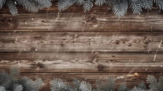 Old wood texture with snow and fir tree. christmas frame lined with fir branches on a wooden background. seamless looping overlay 4k virtual video animation background 