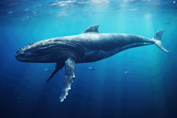 Fototapeta premium Humpback whale swimming in blue ocean, Underwater scene. 3d render, Sperm whale swimming underwater, AI Generated