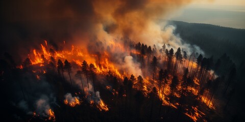 Fototapeta na wymiar group of firefighters extinguish Large flames of forest fire