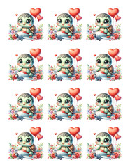 Cute Turtle Flowers Heart Sticker. Valentines Day Stickers Set 