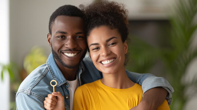 Young multiracial couple holding key from new house