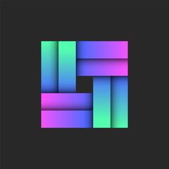 Square geometric logo from vibrant gradient, intersecting rectangular stripes with 3D layers and shadows, creative vivid weaving pattern symbol.