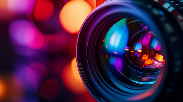 Professional Camera Lens with Colorful Bokeh Lights