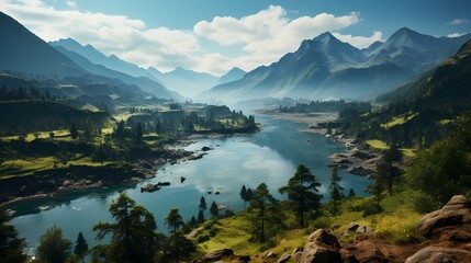 A bird's-eye view of a turquoise blue lake nestled amidst a valley, with the mountains forming a natural amphitheater around it