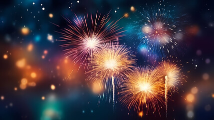 Fototapeta premium Happy New Year, burning fireworks with bokeh light background