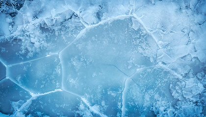 ice winter background cracks grunge texture, soft blur wallpaper in blue tones; top view