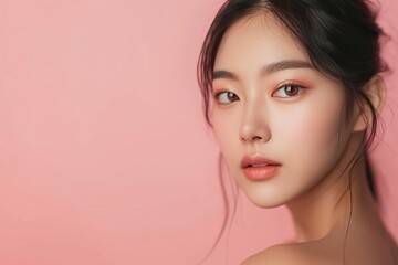Fototapeta premium Graceful Asian Woman with Natural Makeup,Elegant portrait of a young Asian woman with soft natural makeup on a gentle pink background, embodying subtle beauty. 