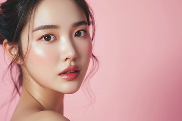 Naklejka premium Graceful Asian Woman with Natural Makeup,Elegant portrait of a young Asian woman with soft natural makeup on a gentle pink background, embodying subtle beauty. 