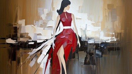 Abstract illustration of a sitting woman in a red dress