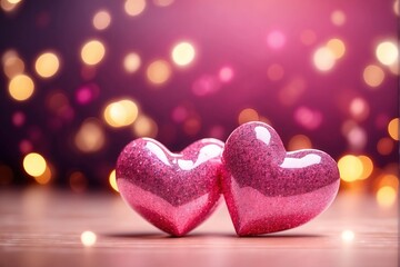 Fototapeta premium Valentines day banner, two pink glittered hearts on bokeh lights background