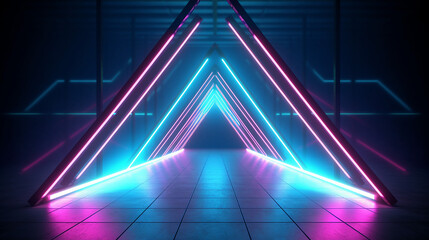 neon lights triangle tunnel abstract geometric. 3D render 