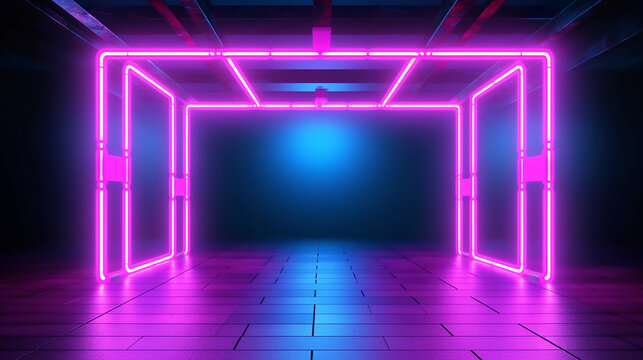  blue pink neon square frame empty space ultraviolet. 3D render