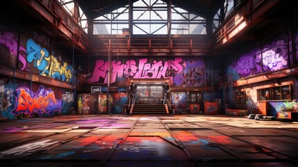 Vibrant graffiti artwork adorning the walls of an industrial warehouse, showcasing creativity and...